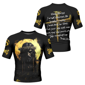 Psalm 23:4 No Evil Shall I Fear Men’s Short Sleeve Rash Guard - front and back view