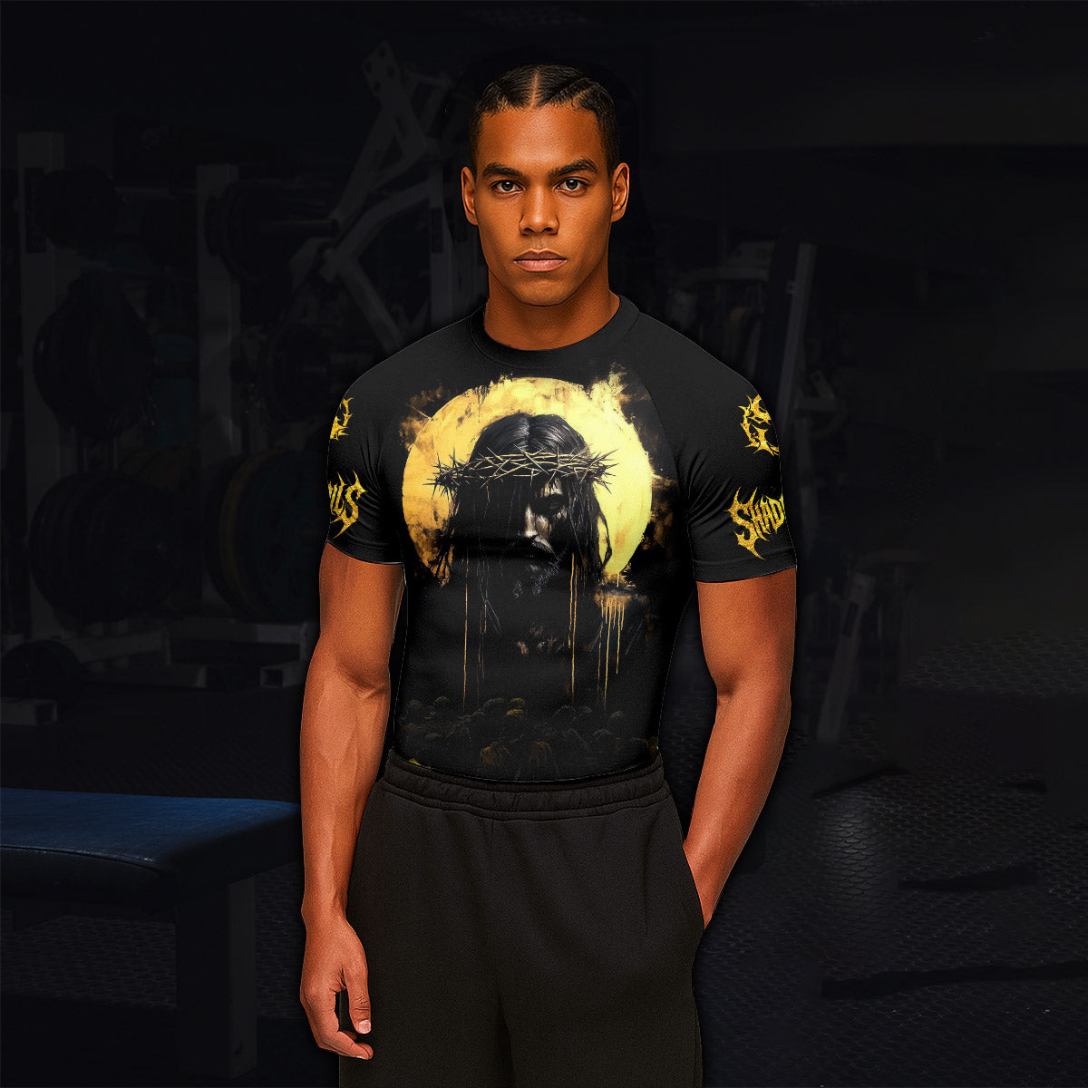 Psalm 23:4 No Evil Shall I Fear Men’s Short Sleeve Rash Guard - lifestyle view