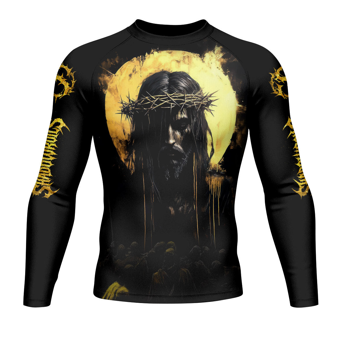 Psalm 23:4 No Evil Shall I Fear Men’s Long Sleeve Rash Guard - front view mockup