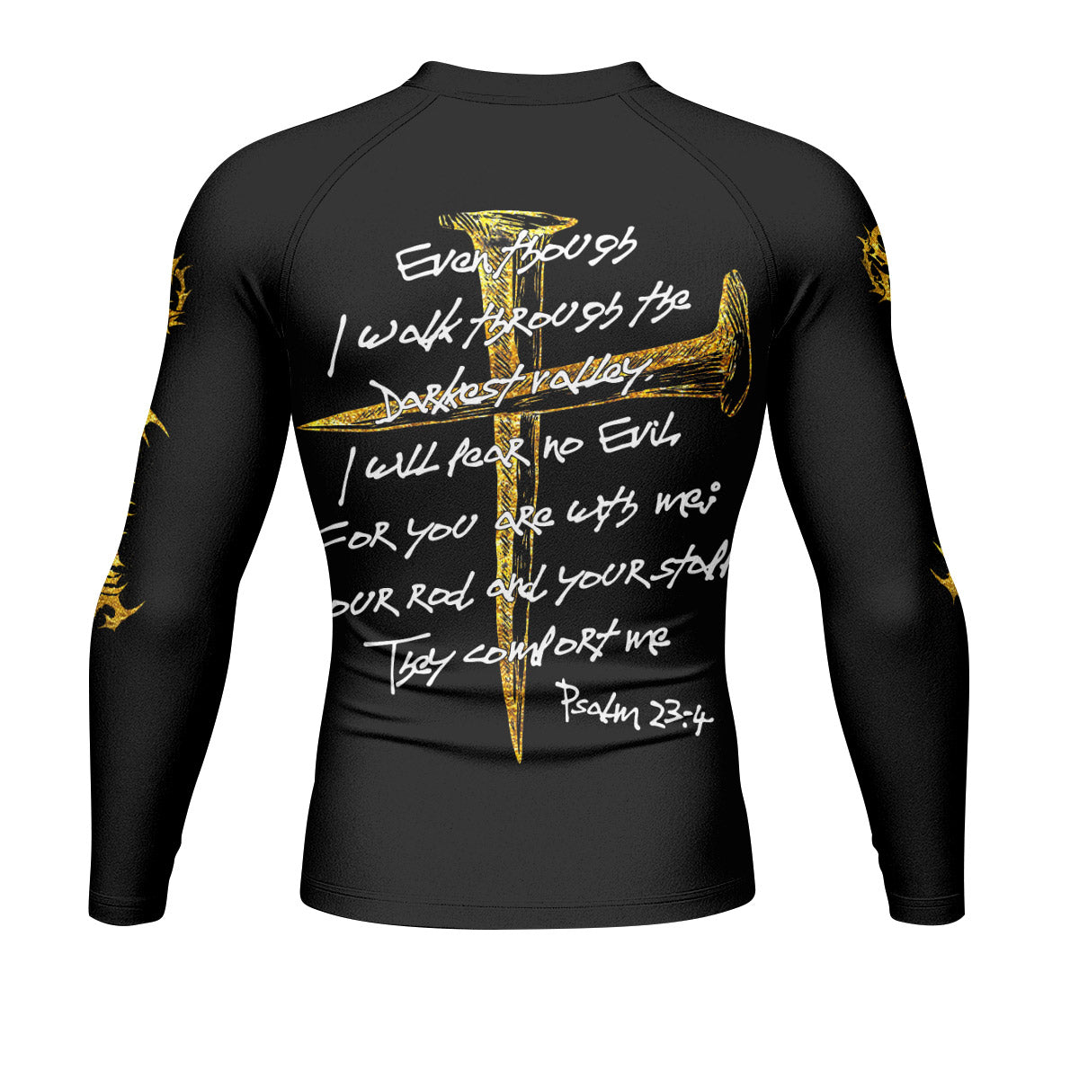 Psalm 23:4 No Evil Shall I Fear Men’s Long Sleeve Rash Guard - back view mockup