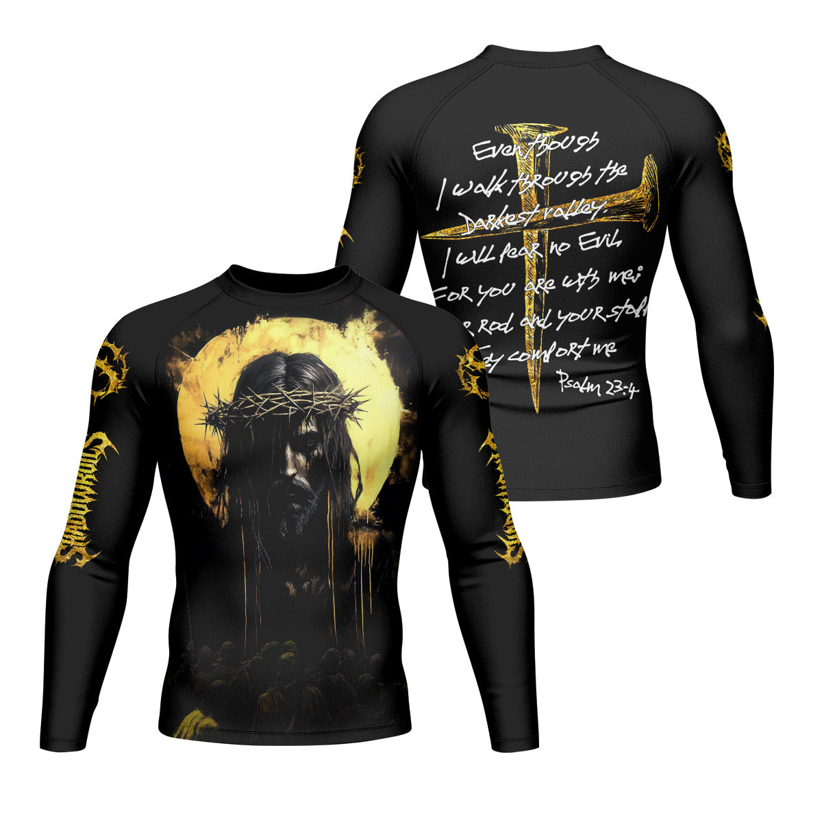 Psalm 23:4 No Evil Shall I Fear Men’s Long Sleeve Rash Guard - front and back view