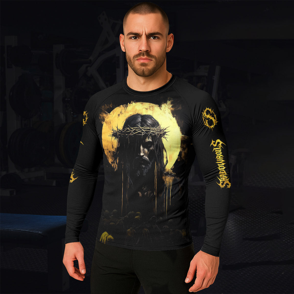 Psalm 23:4 No Evil Shall I Fear Men’s Long Sleeve Rash Guard - lifestyle view