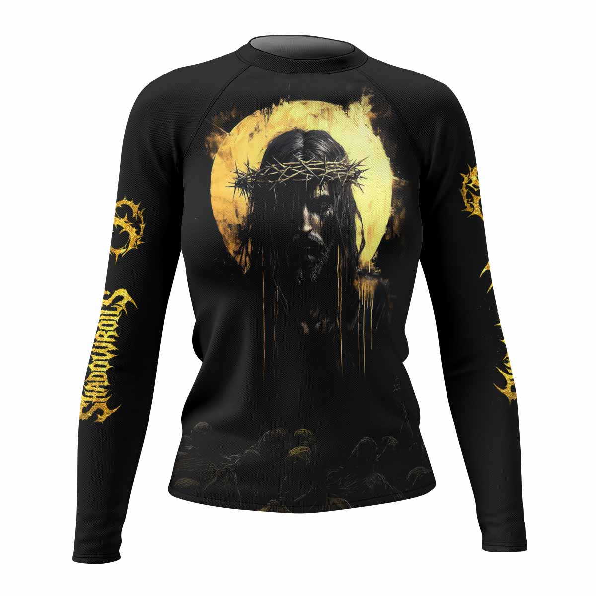 Psalm 23:4 No Evil Shall I Fear Women’s Long Sleeve Rash Guard - front view mockup