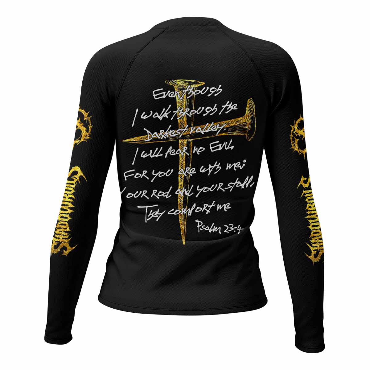 Psalm 23:4 No Evil Shall I Fear Women’s Long Sleeve Rash Guard - back view mockup