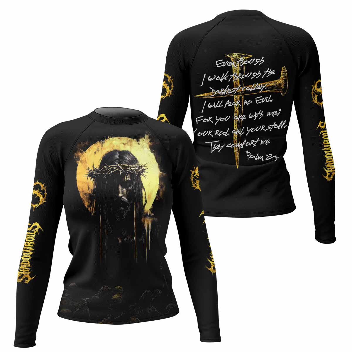 Psalm 23:4 No Evil Shall I Fear Women’s Long Sleeve Rash Guard - front and back view