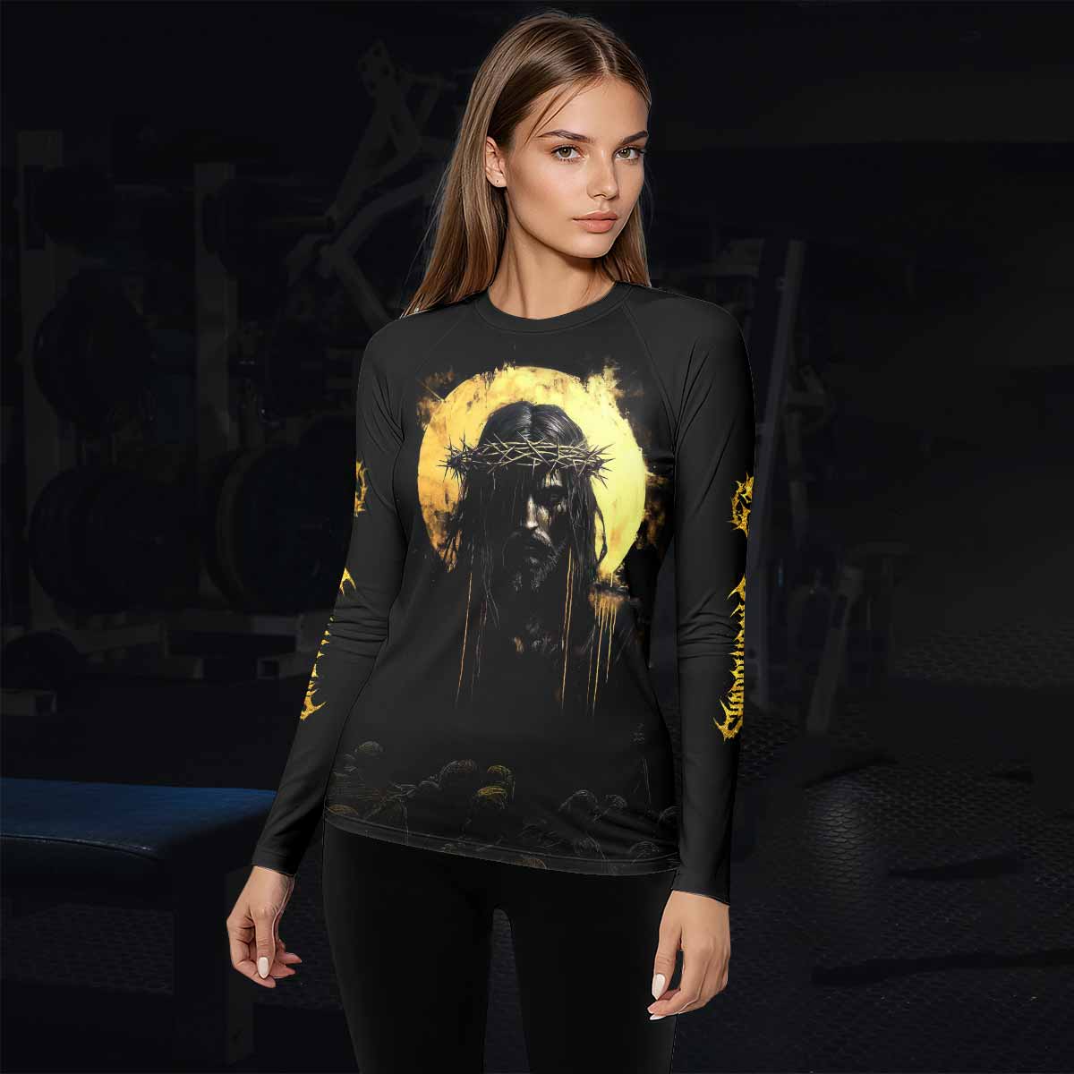 Psalm 23:4 No Evil Shall I Fear Women’s Long Sleeve Rash Guard - lifestyle view