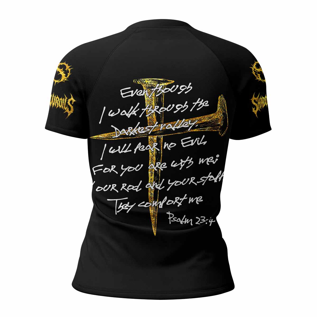 Psalm 23:4 No Evil Shall I Fear Women’s Short Sleeve Rash Guard - back view mockup