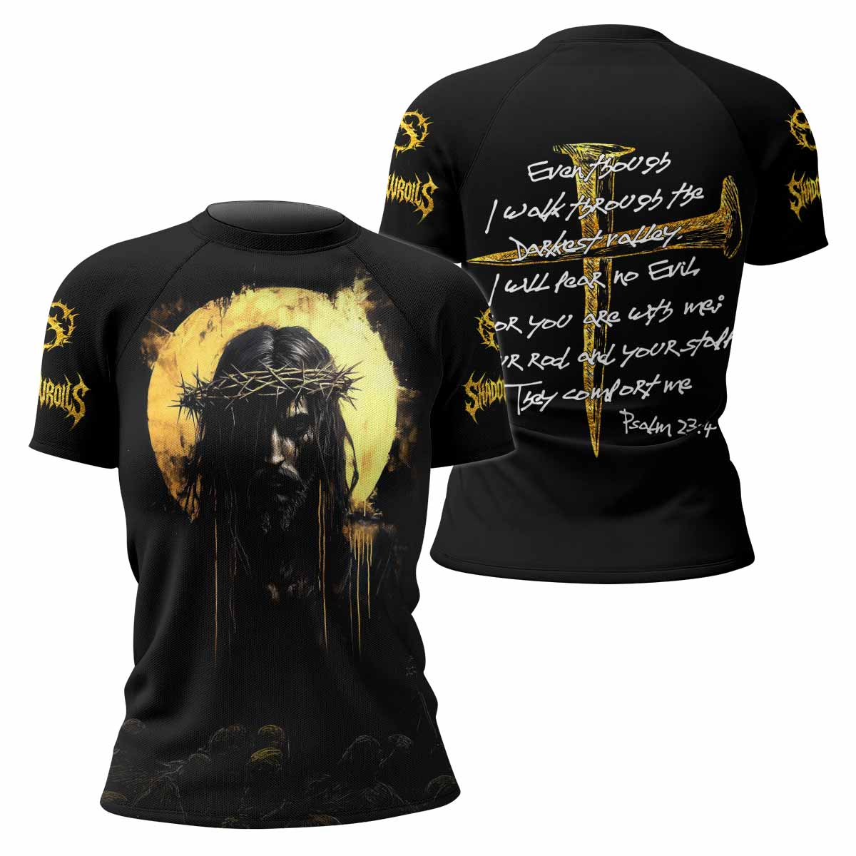 Psalm 23:4 No Evil Shall I Fear Women’s Short Sleeve Rash Guard - front and back view