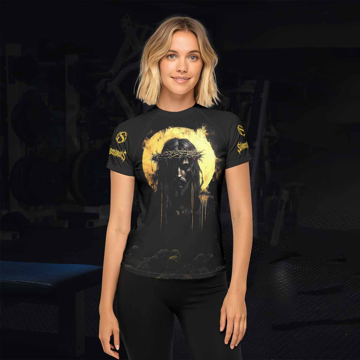Psalm 23:4 No Evil Shall I Fear Women’s Short Sleeve Rash Guard - lifestyle view