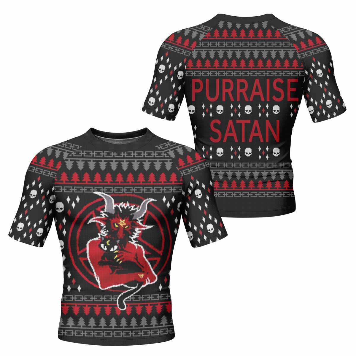 Purraise Satan Men's Rash Guard Short Sleeve - front and back view
