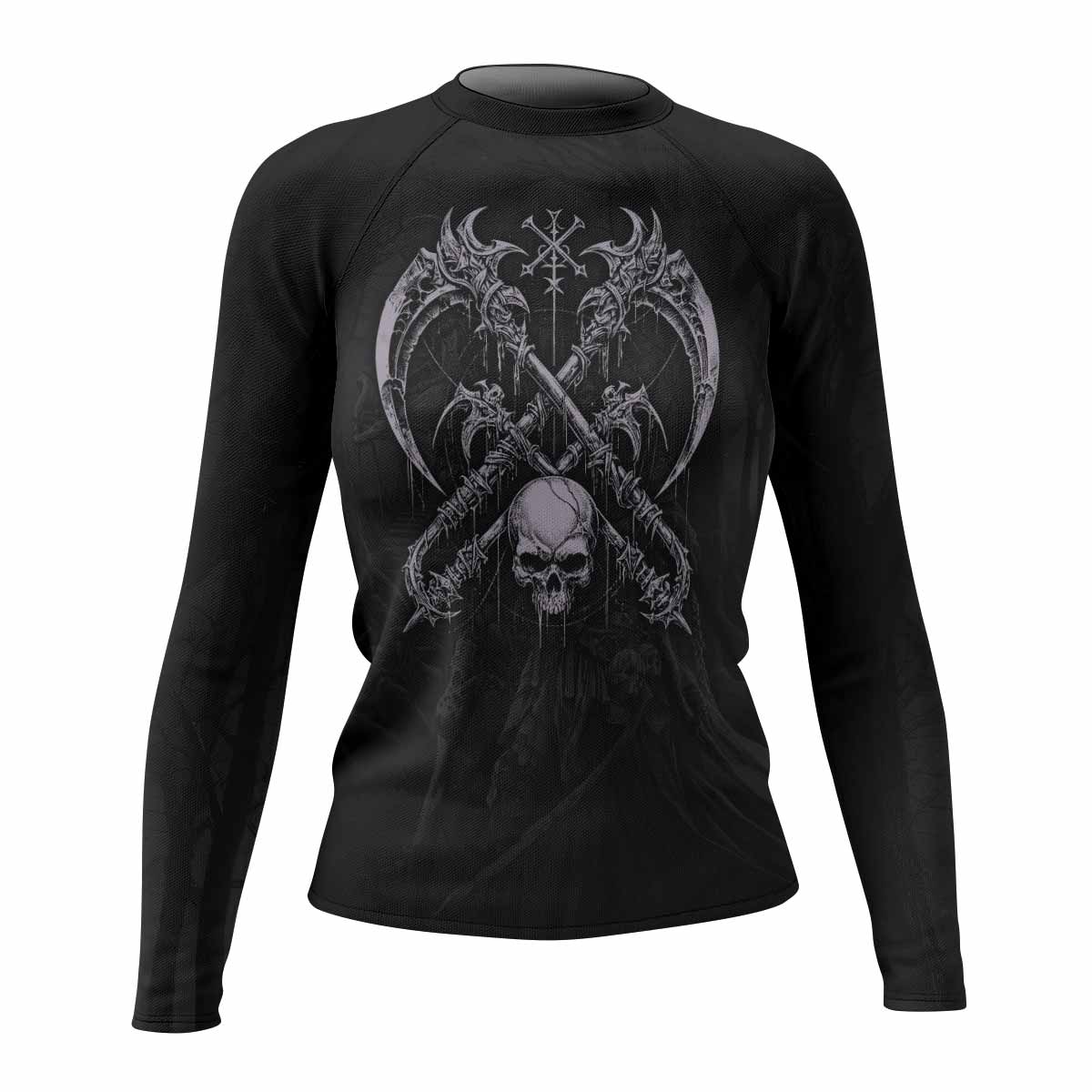 Reaper's Dominion Women’s Long Sleeve Rash Guard - front view mockup