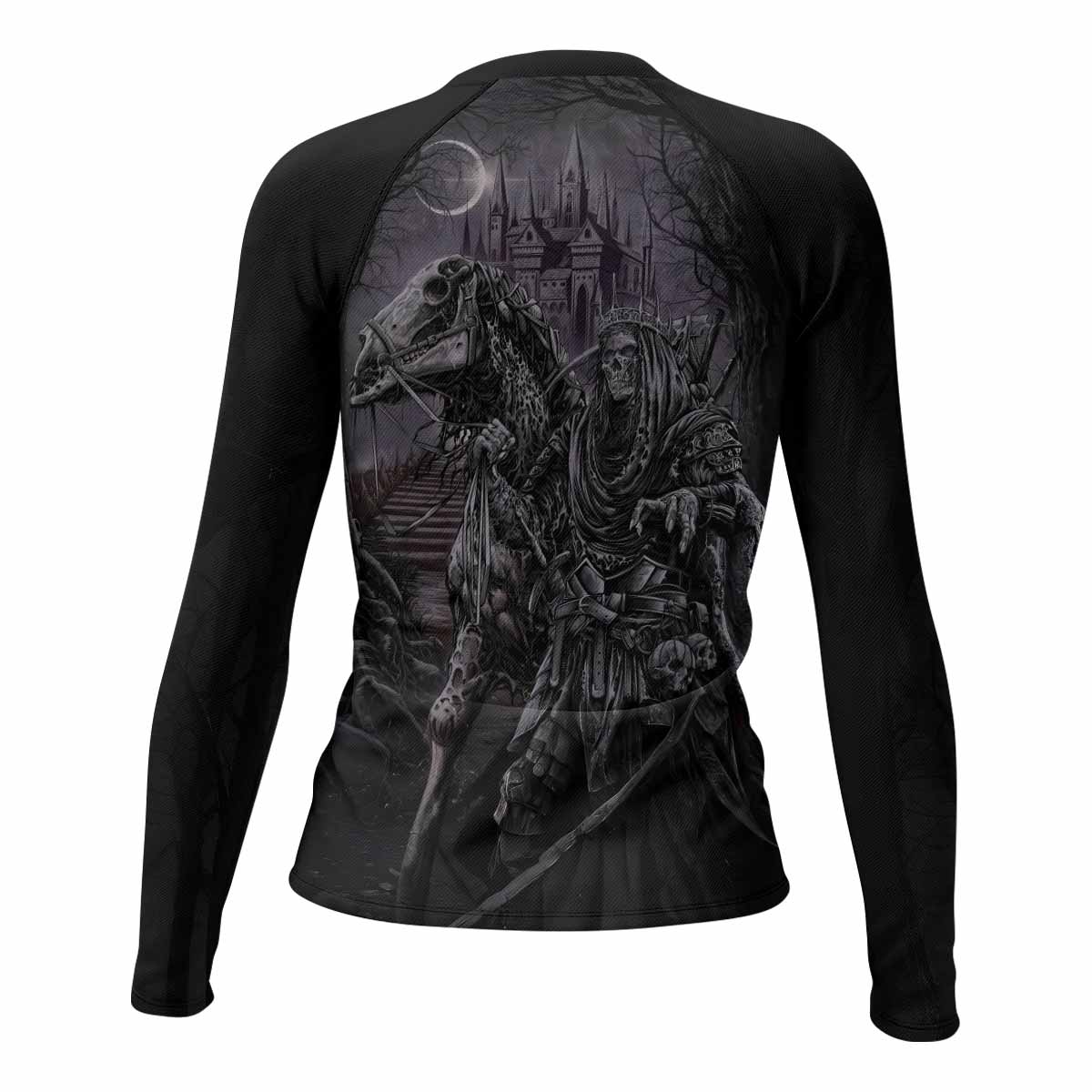 Reaper's Dominion Women’s Long Sleeve Rash Guard - back view mockup