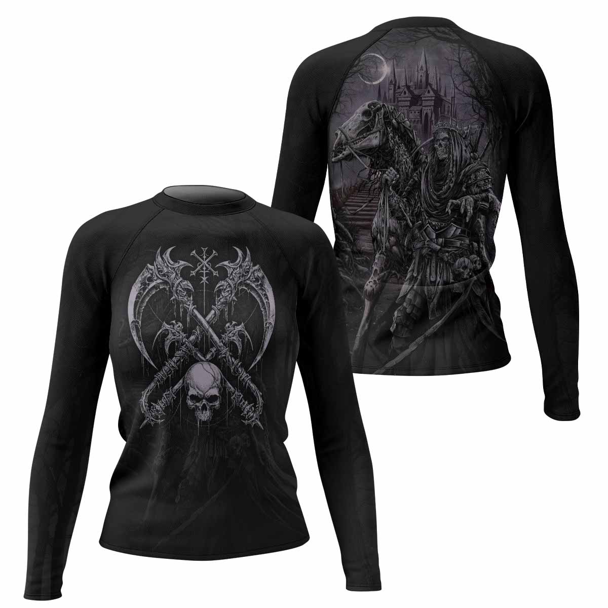 Reaper's Dominion Women’s Long Sleeve Rash Guard - front and back view