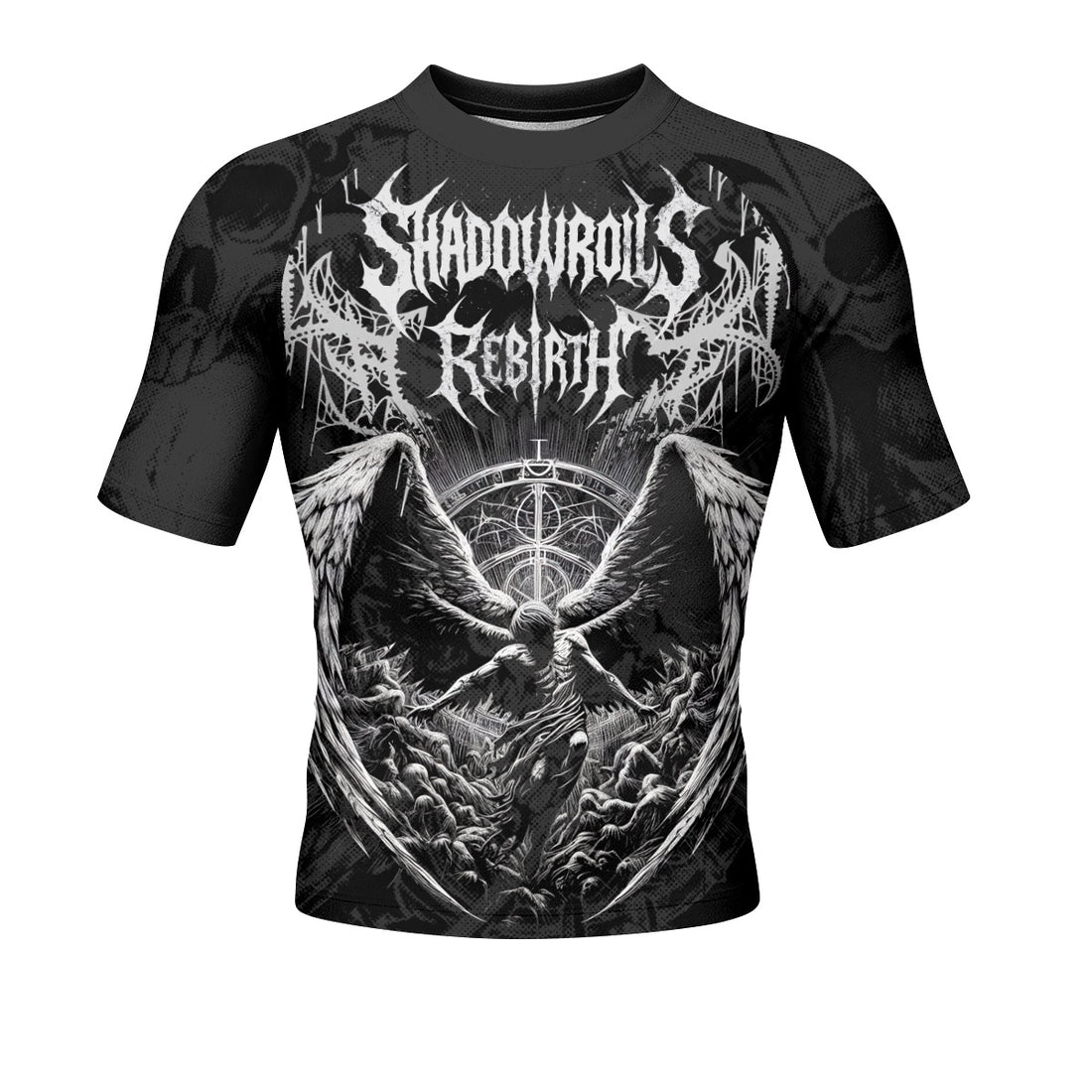 Rebirth of the Fallen Men’s Short Sleeve Rash Guard - front and back view