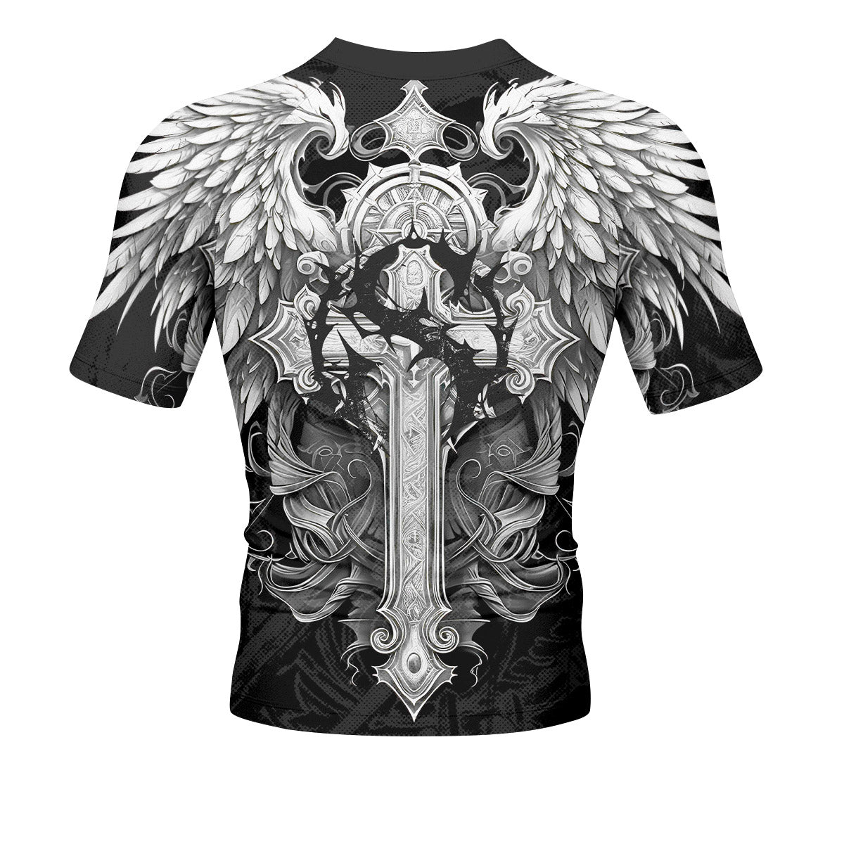 Rebirth of the Fallen Men’s Short Sleeve Rash Guard - back view mockup