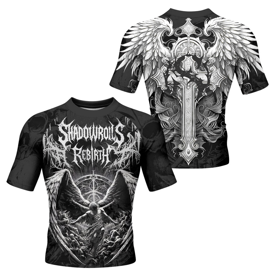 Rebirth of the Fallen Men’s Short Sleeve Rash Guard - front and back view