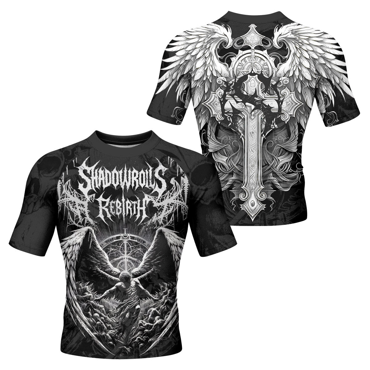 Rebirth of the Fallen Men’s Short Sleeve Rash Guard - front and back view
