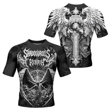 Rebirth of the Fallen Men’s Short Sleeve Rash Guard - front and back view