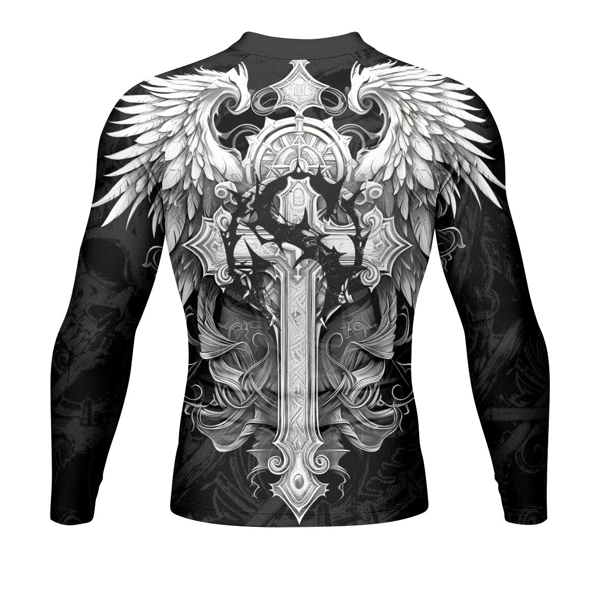 Rebirth of the Fallen Men’s Long Sleeve Rash Guard - back view mockup