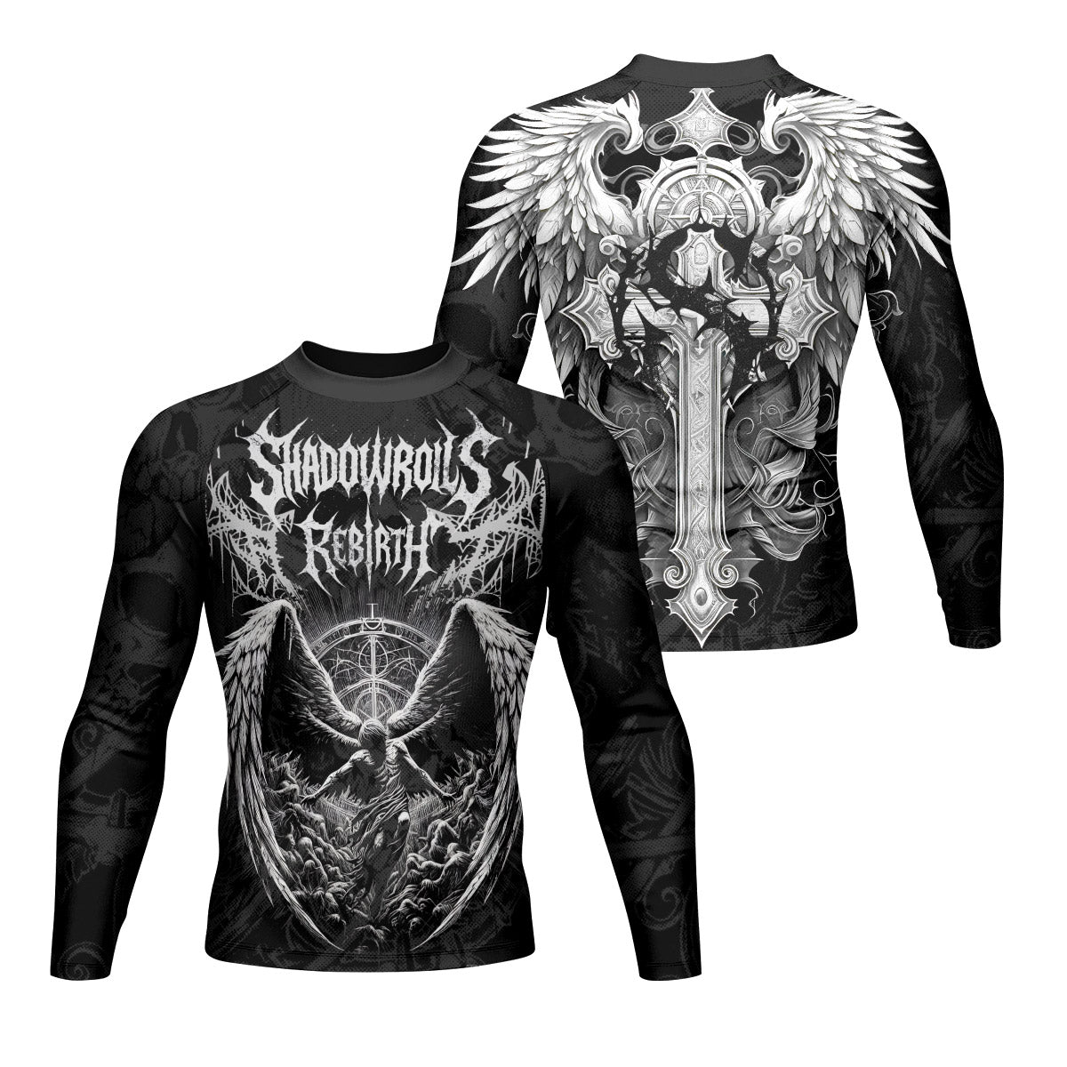 Rebirth of the Fallen Men’s Long Sleeve Rash Guard - front and back view