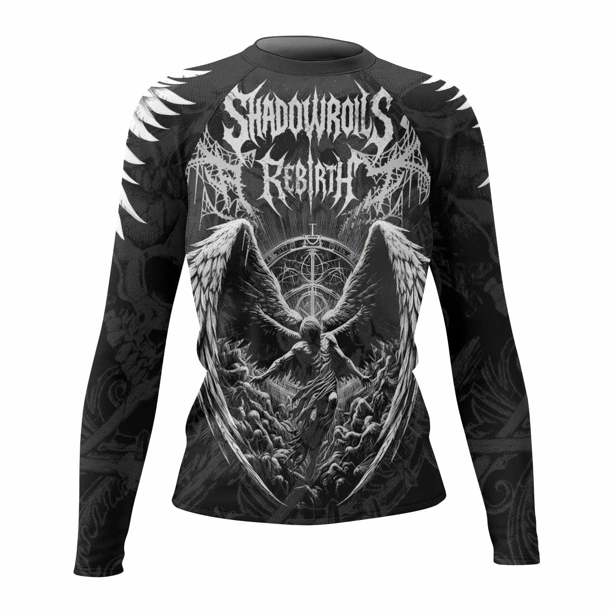 Rebirth of the Fallen Women’s Long Sleeve Rash Guard - front view mockup