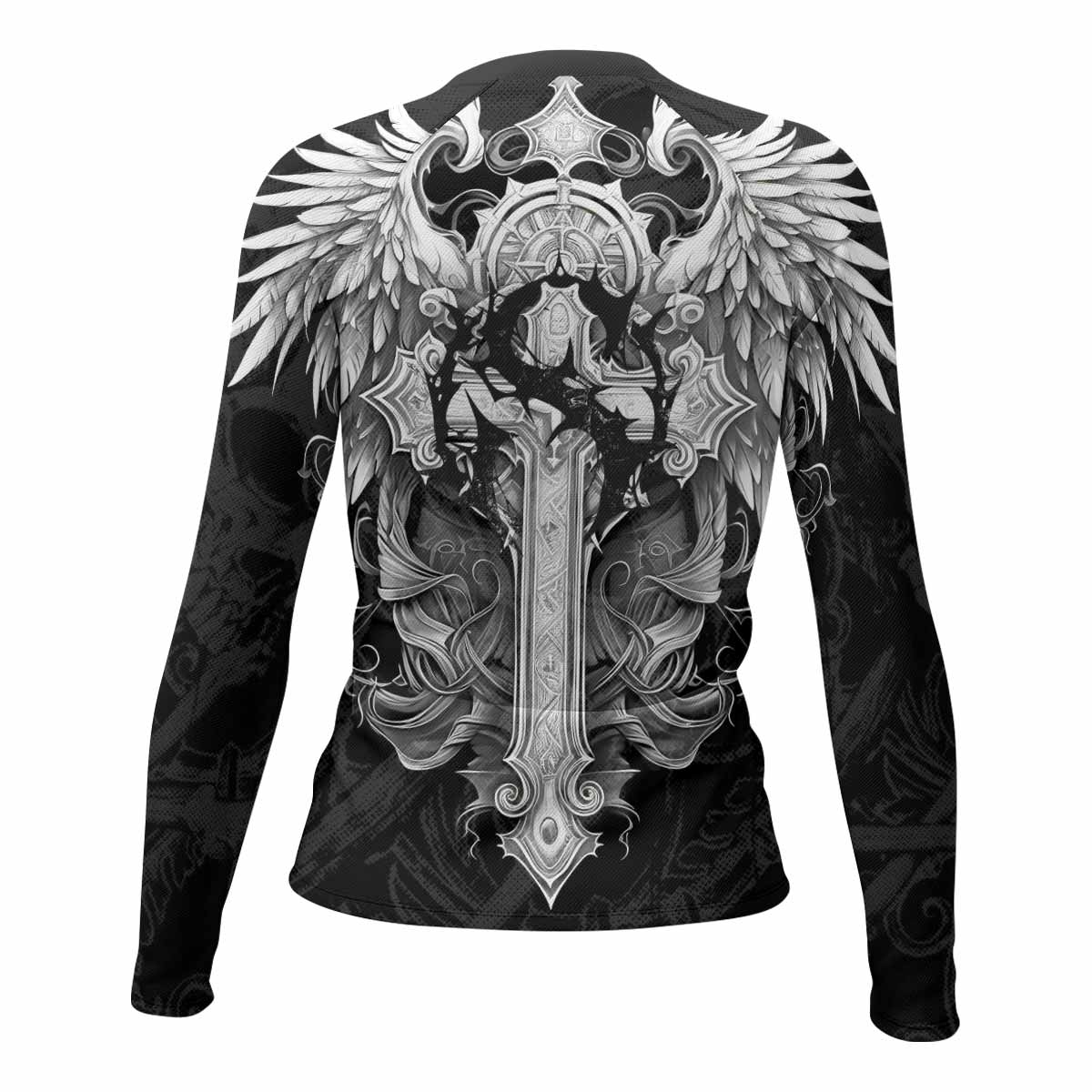 Rebirth of the Fallen Women’s Long Sleeve Rash Guard - back view mockup