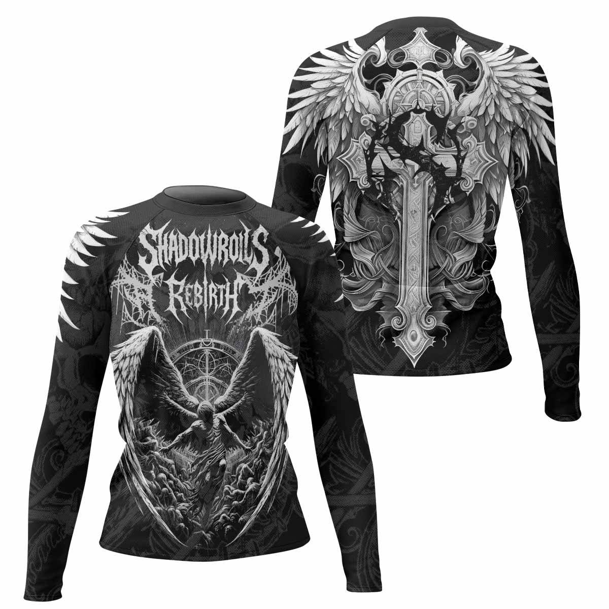 Rebirth of the Fallen Women’s Long Sleeve Rash Guard - front and back view