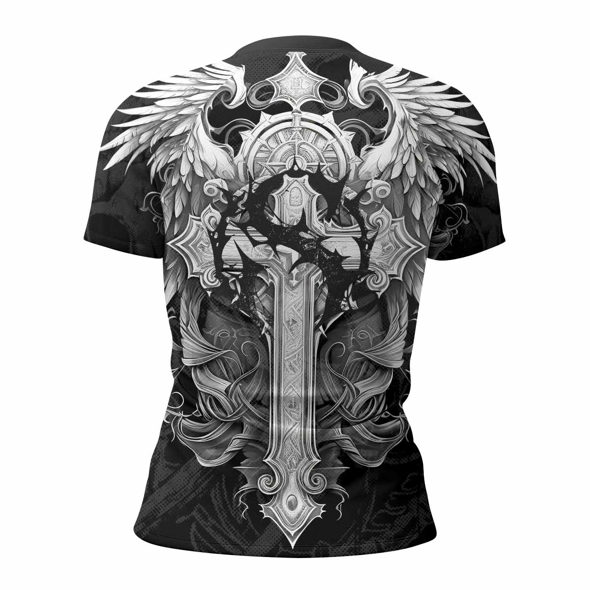Rebirth of the Fallen Women’s Short Sleeve Rash Guard - back view mockup
