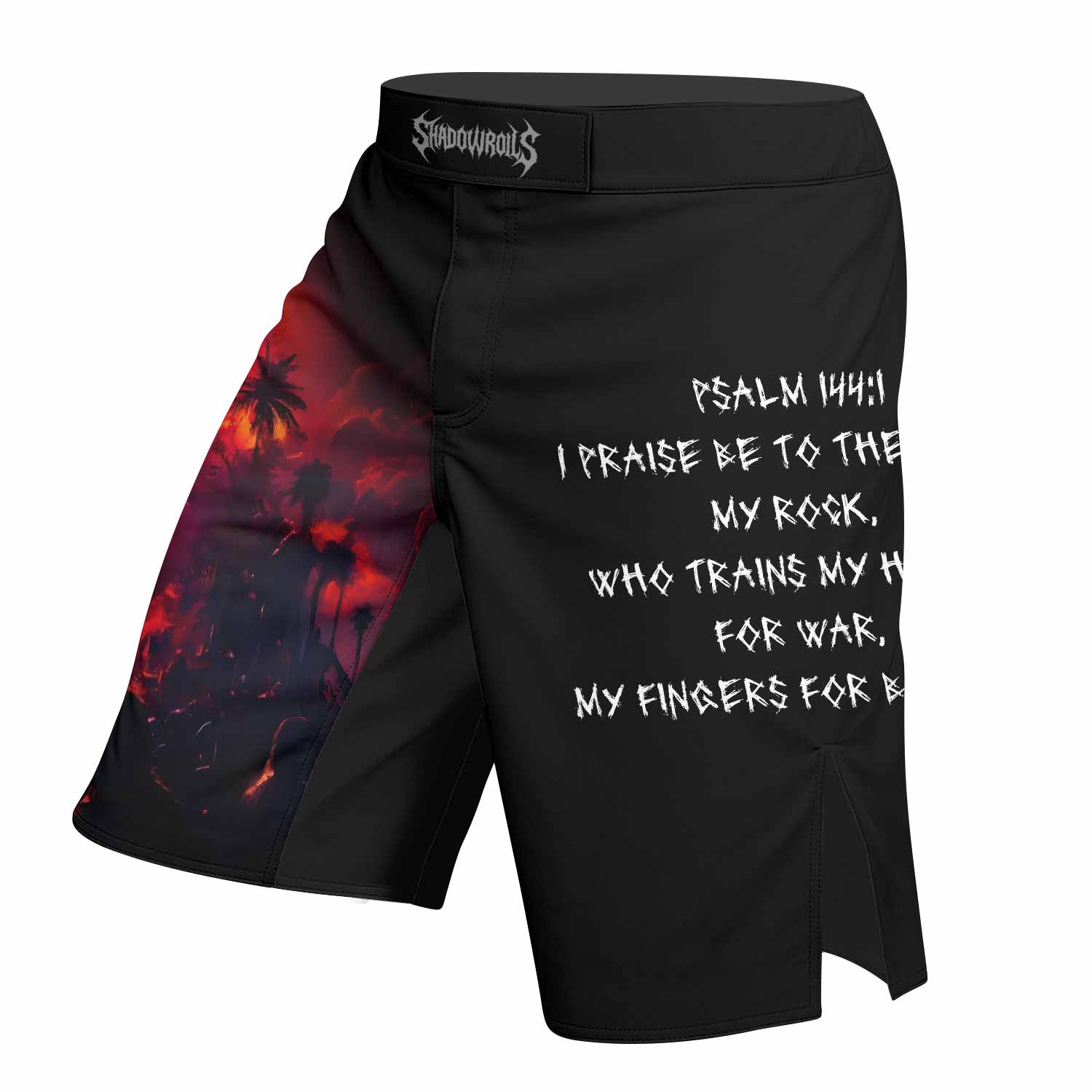 Red Redemption Fight Shorts – left side mockup