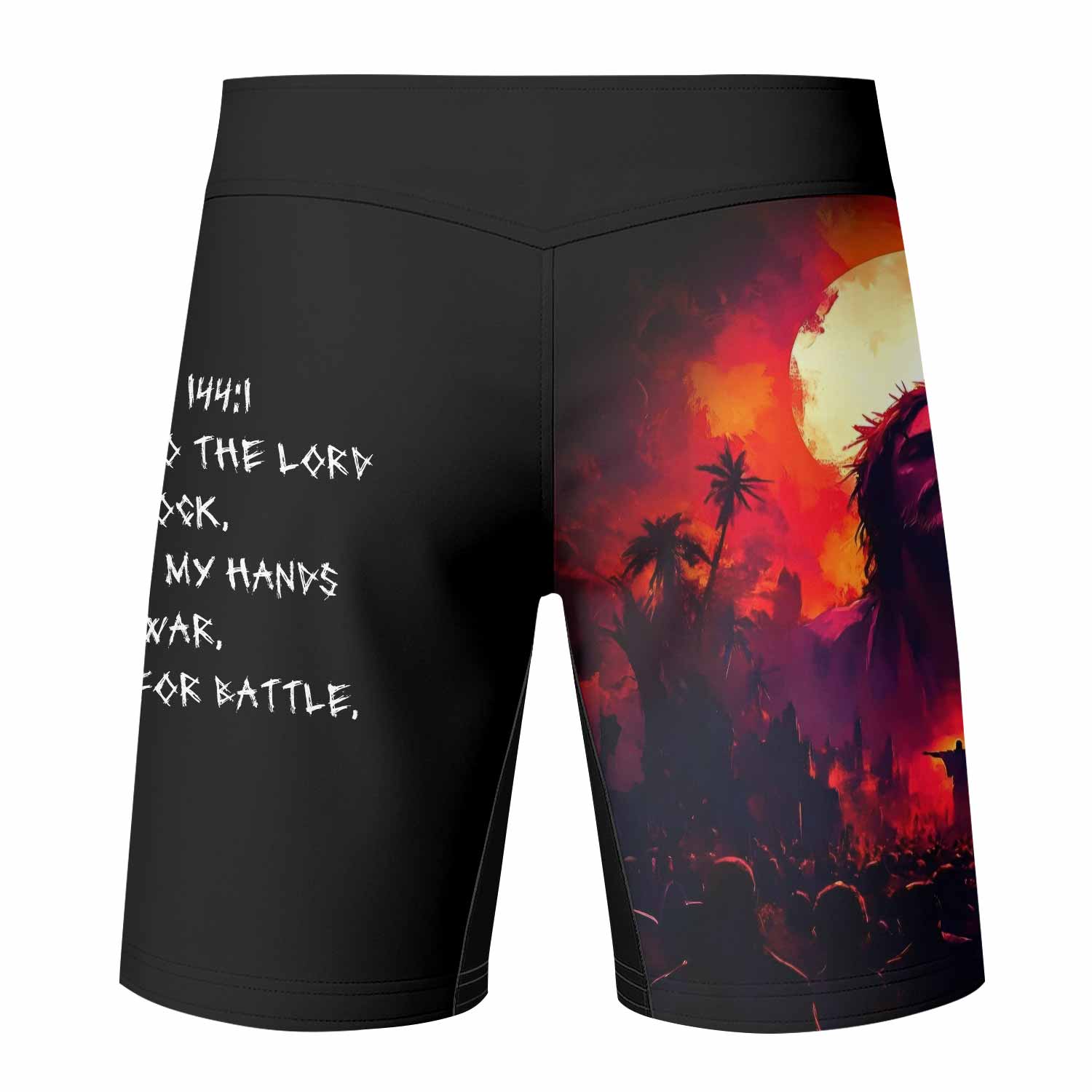 Red Redemption Fight Shorts – back view mockup