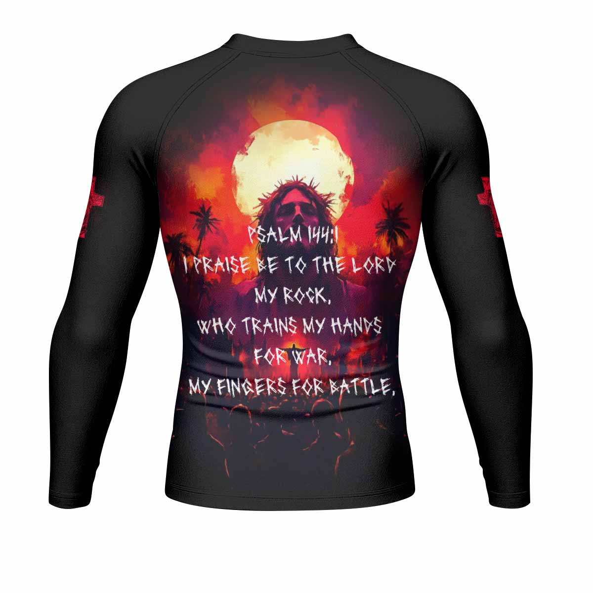 Red Redemption Men's Rash Guard Long Sleeve – back view mockup 