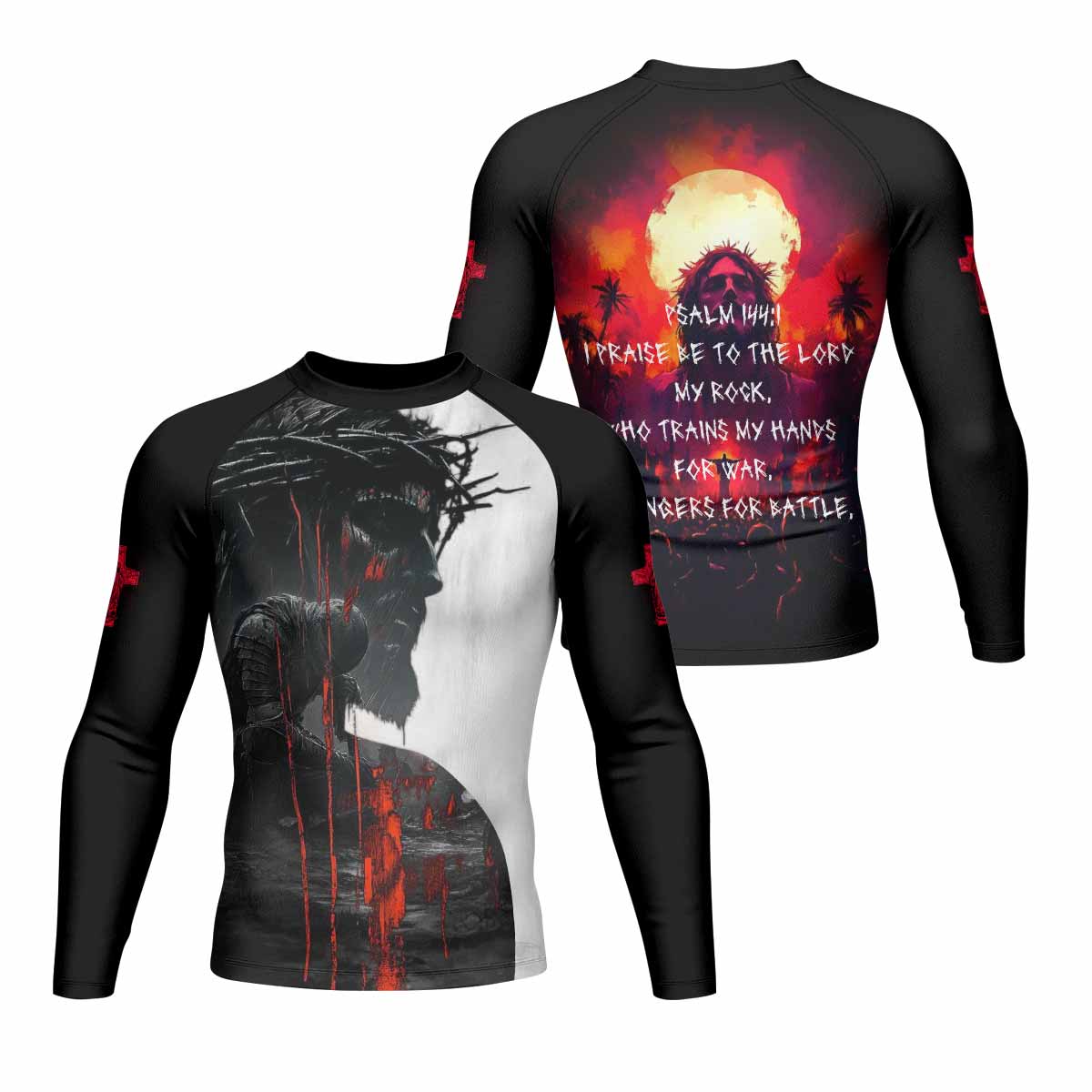 Red Redemption Men's Rash Guard Long Sleeve – front and back view