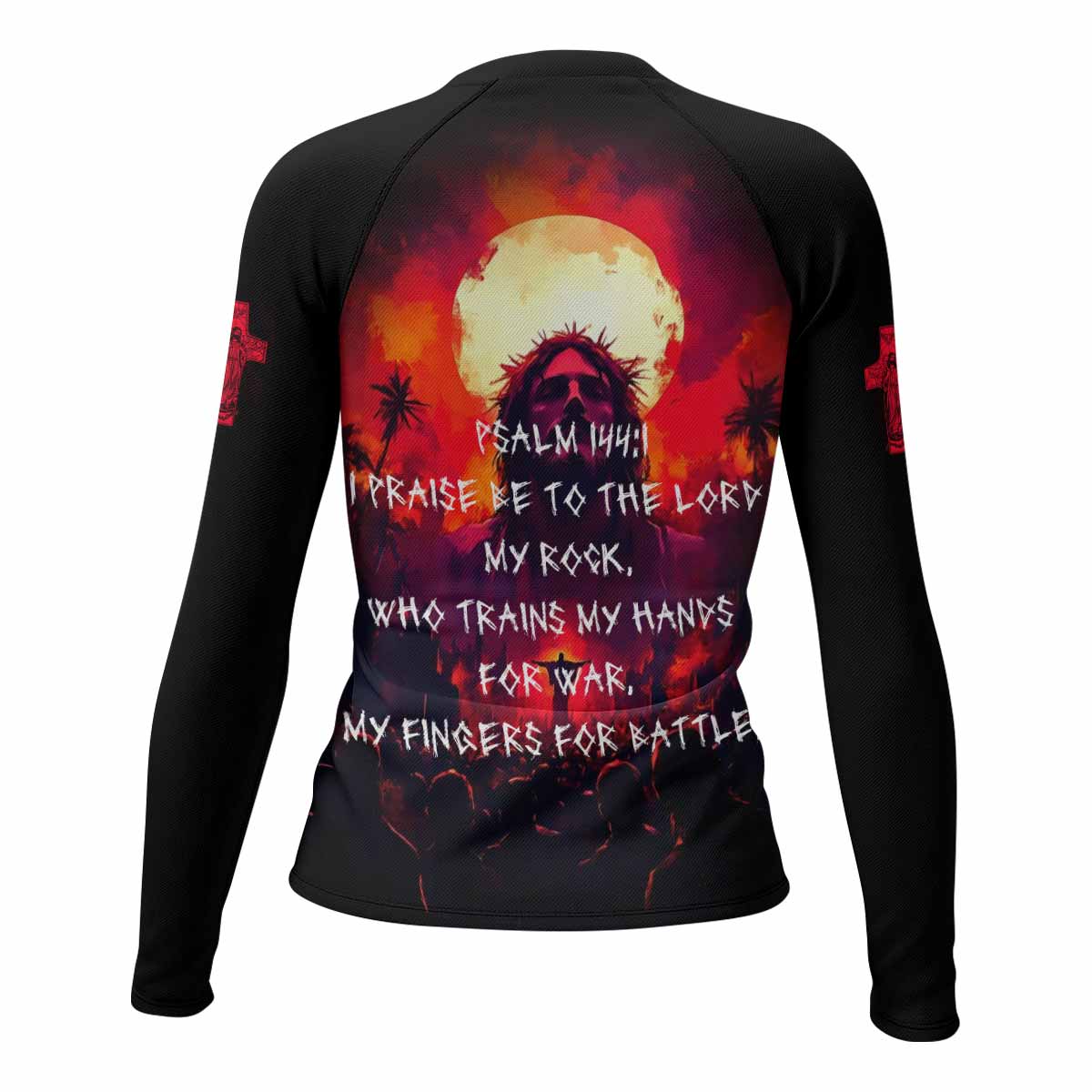 Red Redemption Women's Rash Guard Long Sleeve – back view mockup 