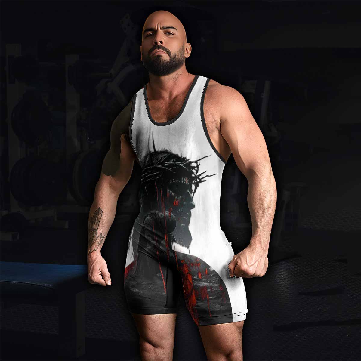 Red Redemption Wrestling Singlet – men's lifestyle view