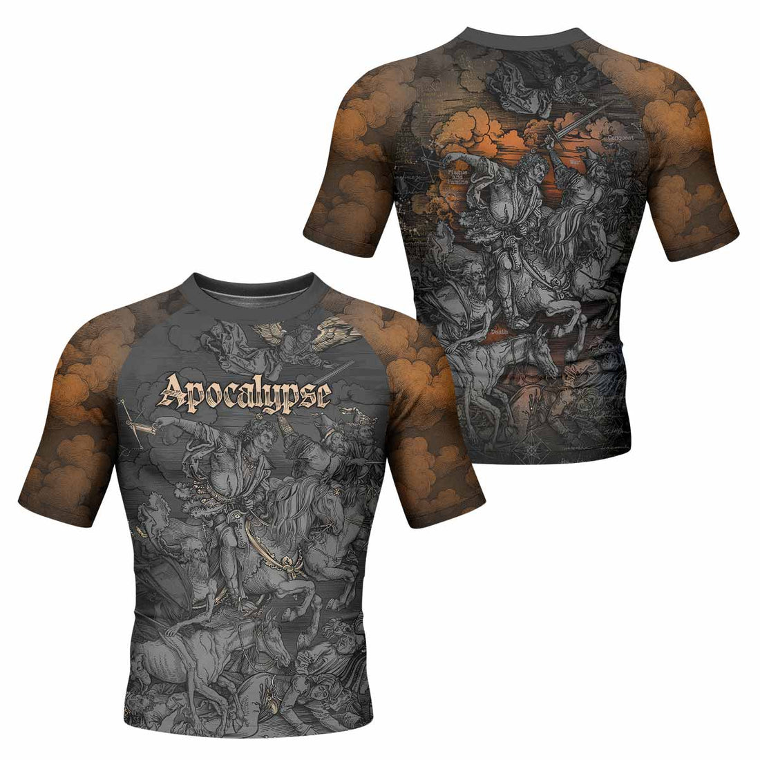 Riders of the Apocalypse Men's Rash Guard Short Sleeve - front and back view