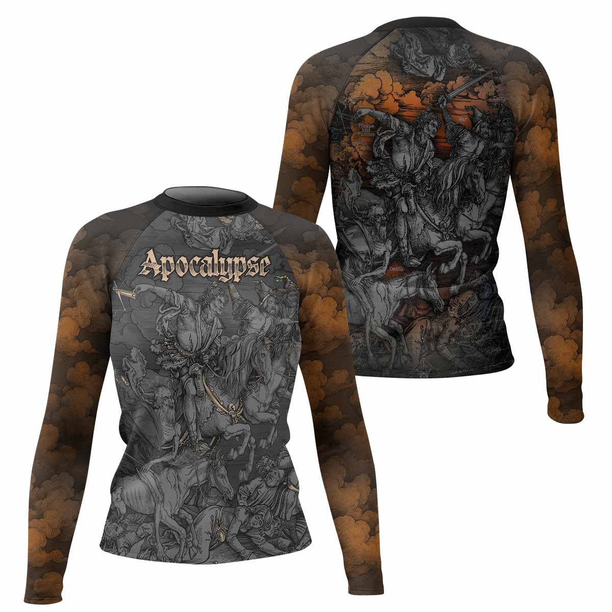 Riders of the Apocalypse Women's Rash Guard Long Sleeve - front and back view