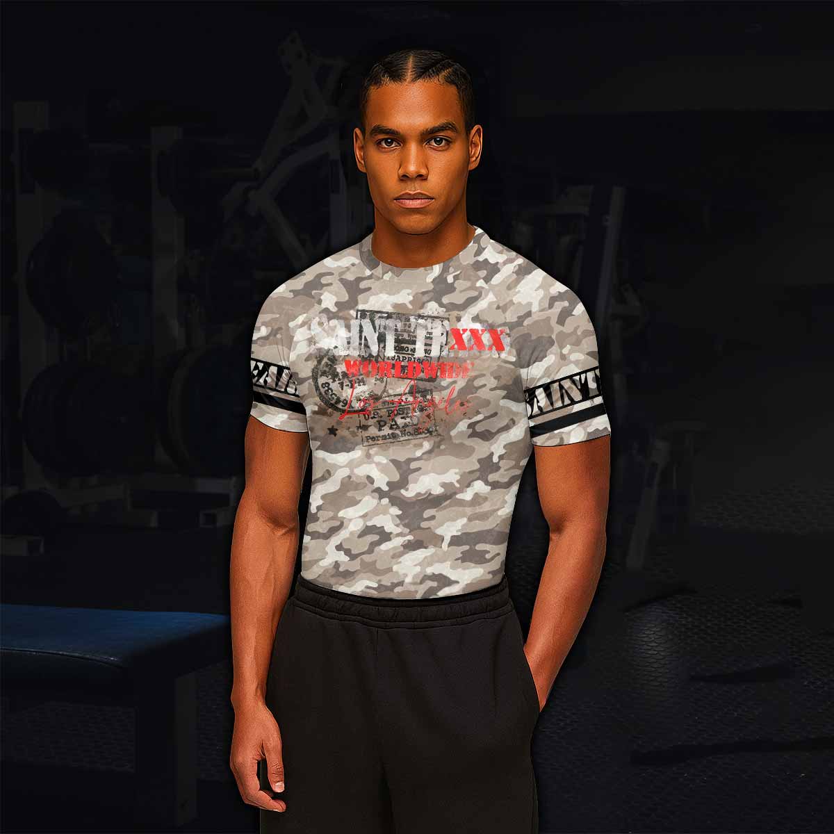 Saint Tears Camo Men’s Short Sleeve Rash Guard - lifestyle view
