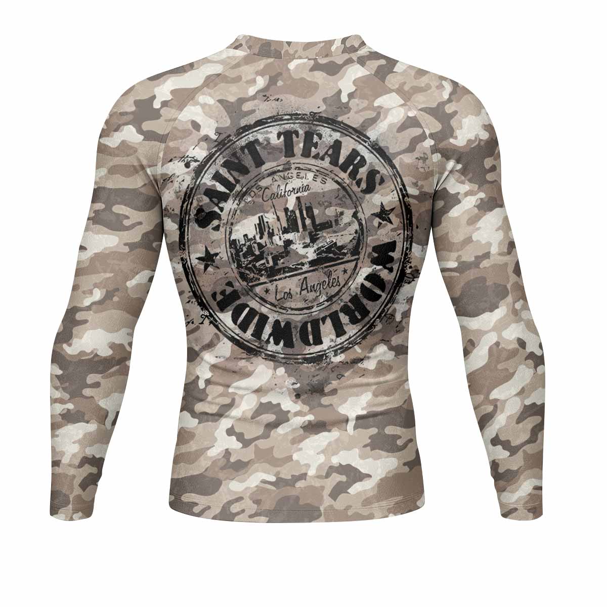 Saint Tears Camo Men’s Long Sleeve Rash Guard - back view mockup