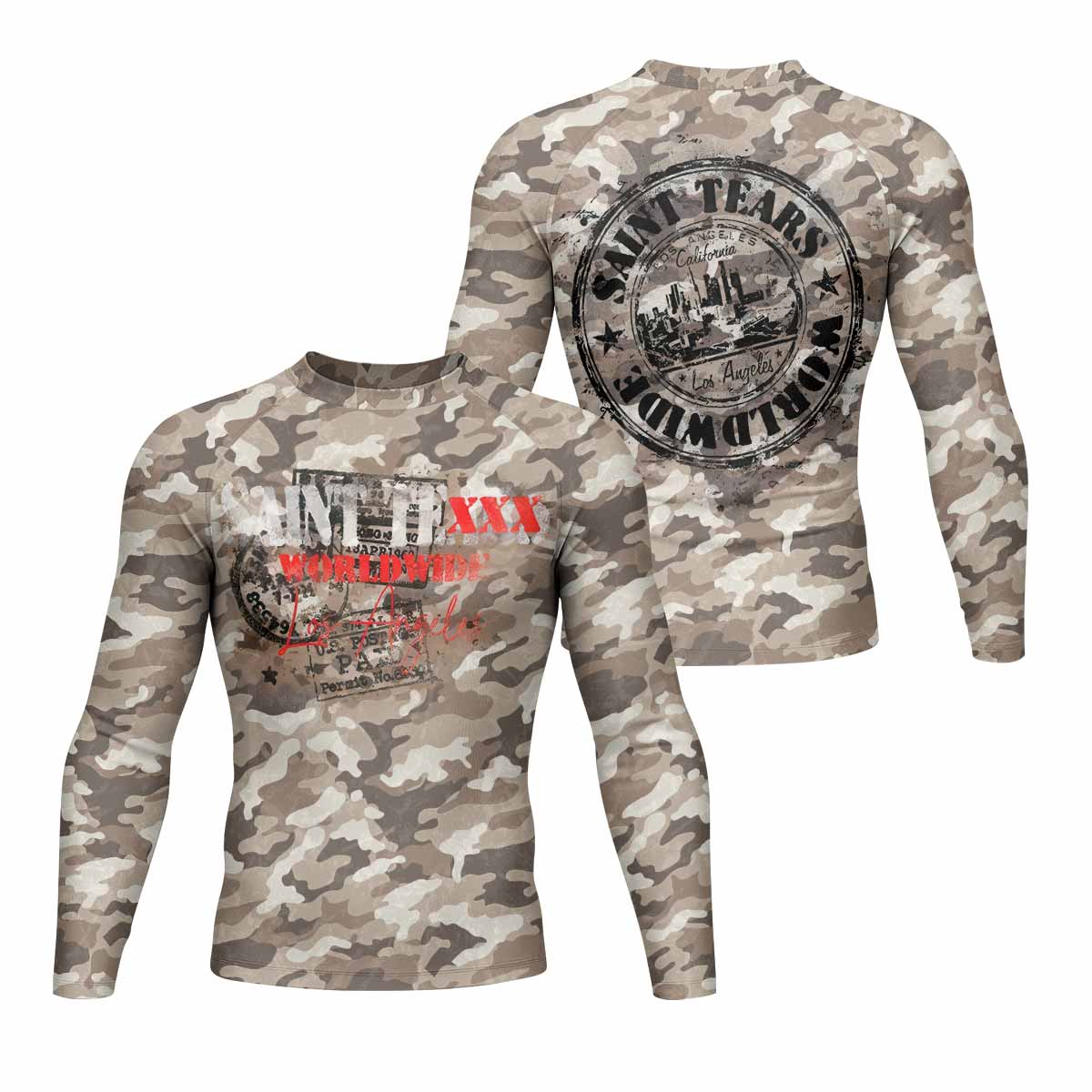 Saint Tears Camo Men’s Long Sleeve Rash Guard - front and back view