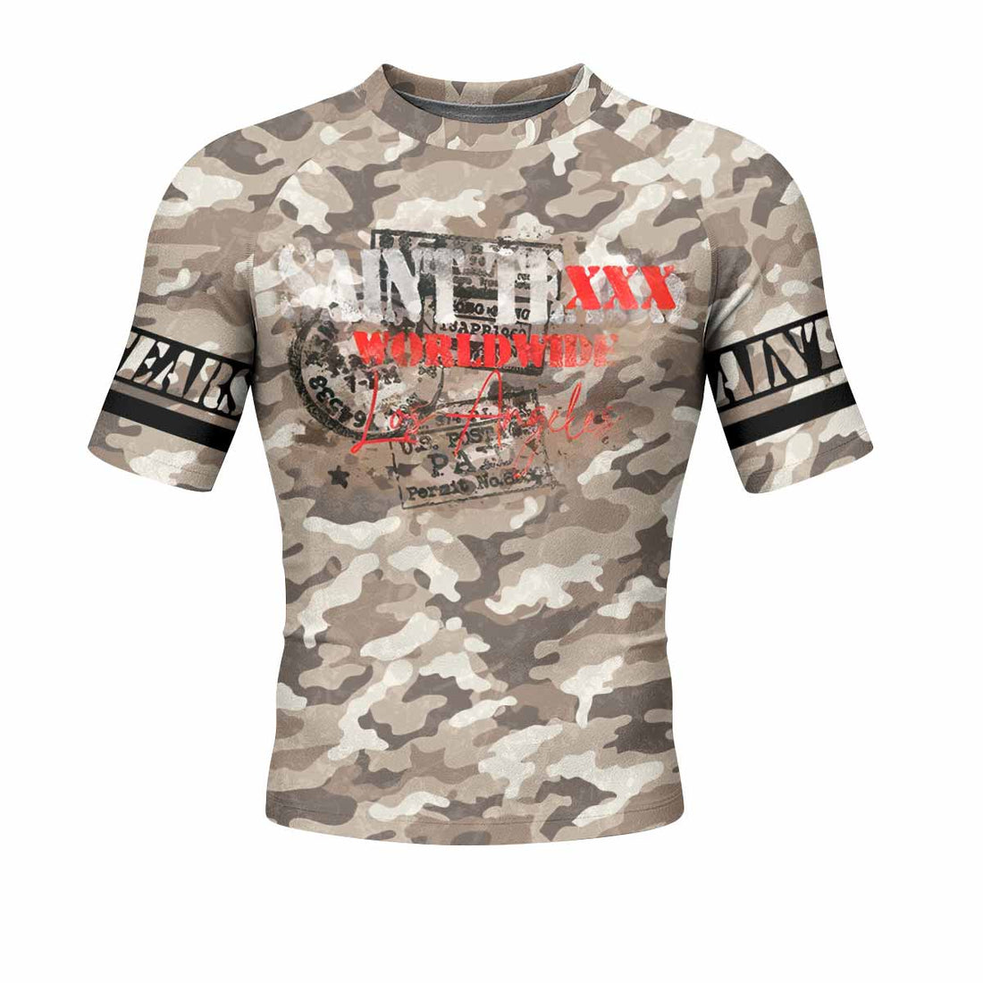 Saint Tears Camo Short Sleeve Rash Guard – front and back view