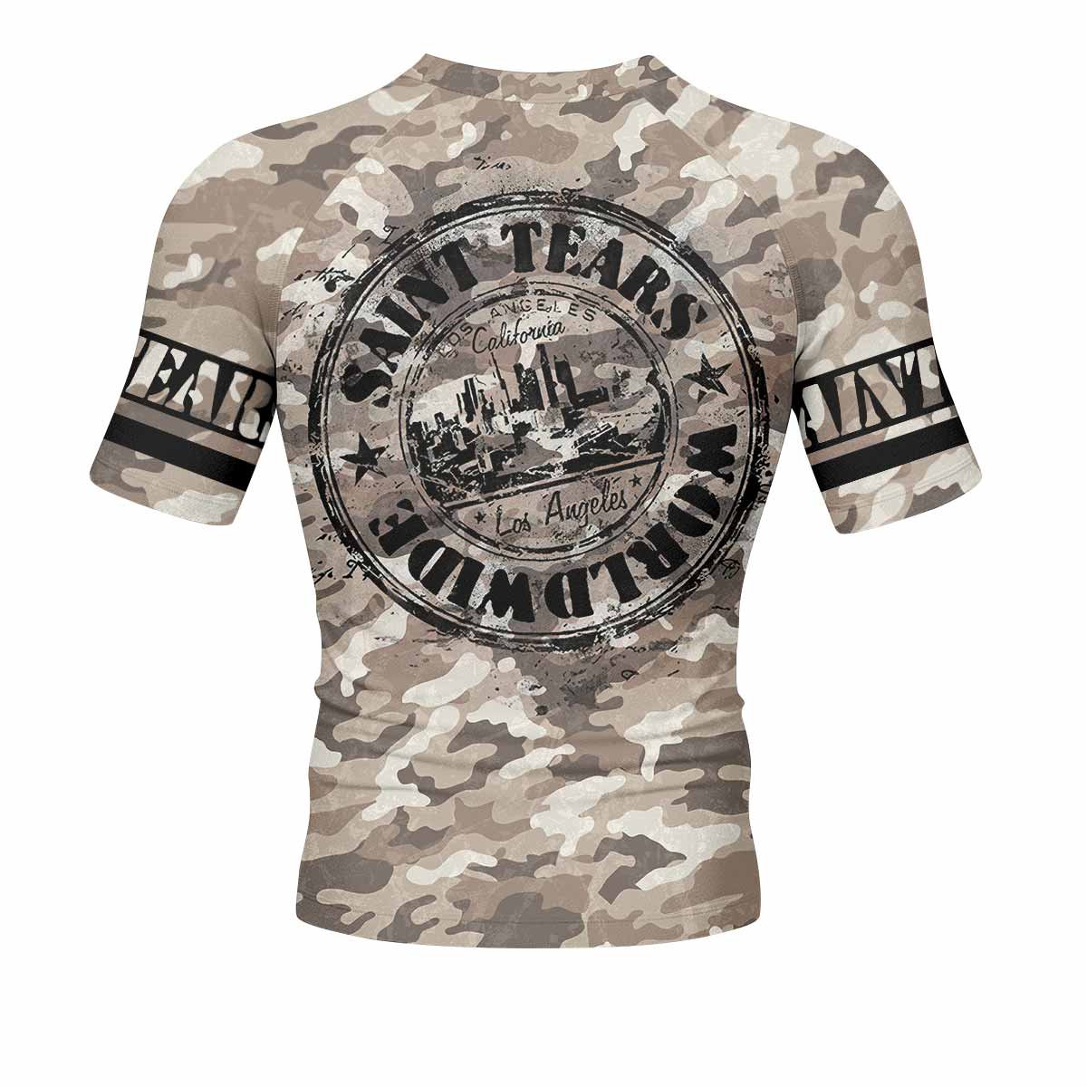 Saint Tears Camo Men’s Short Sleeve Rash Guard - back view mockup