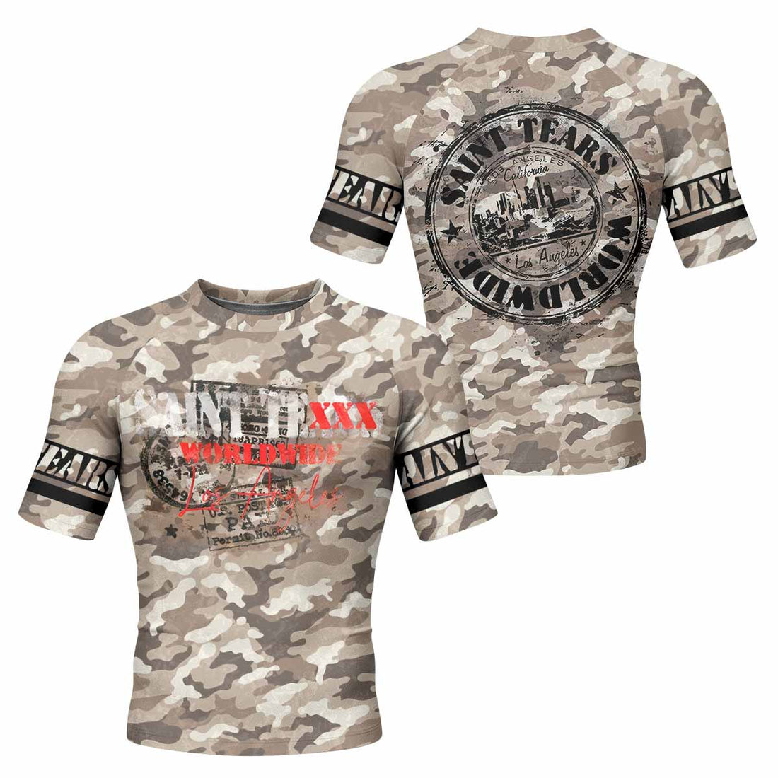 Saint Tears Camo Short Sleeve Rash Guard – front and back view