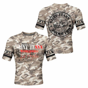 Saint Tears Camo Men’s Short Sleeve Rash Guard - front and back view