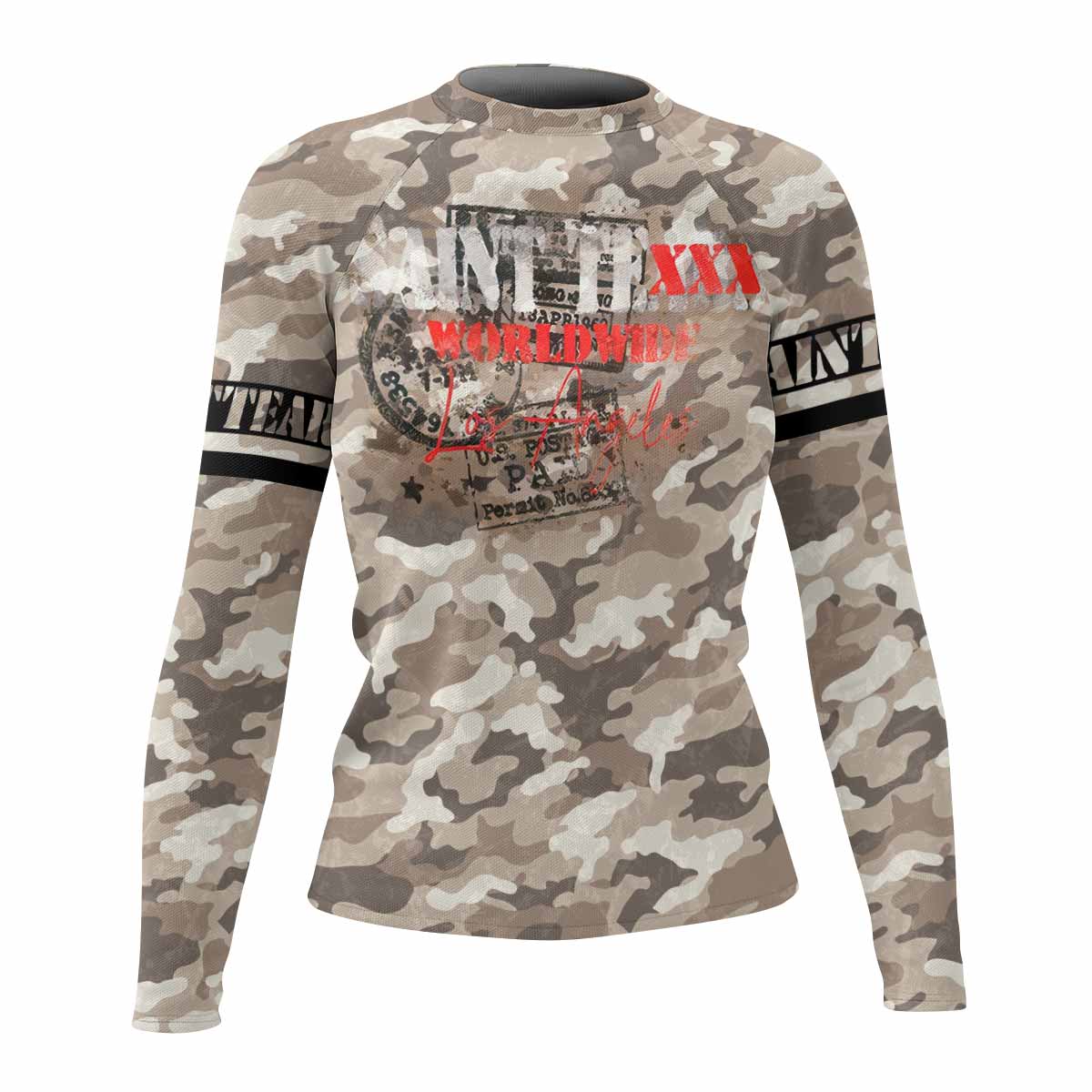 Saint Tears Camo Women’s Long Sleeve Rash Guard - front view mockup