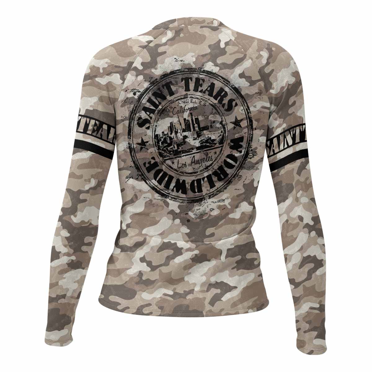 Saint Tears Camo Women’s Long Sleeve Rash Guard - back view mockup