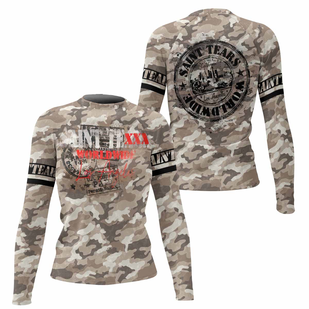 Saint Tears Camo Women’s Long Sleeve Rash Guard - front and back view