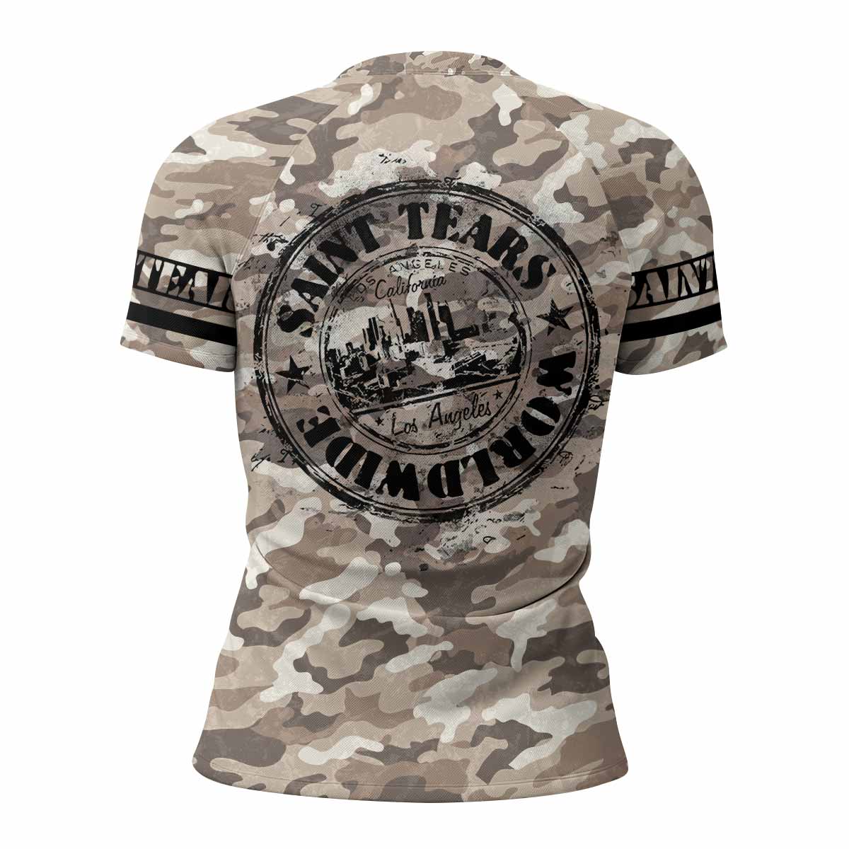 Saint Tears Camo Women’s Short Sleeve Rash Guard - back view mockup