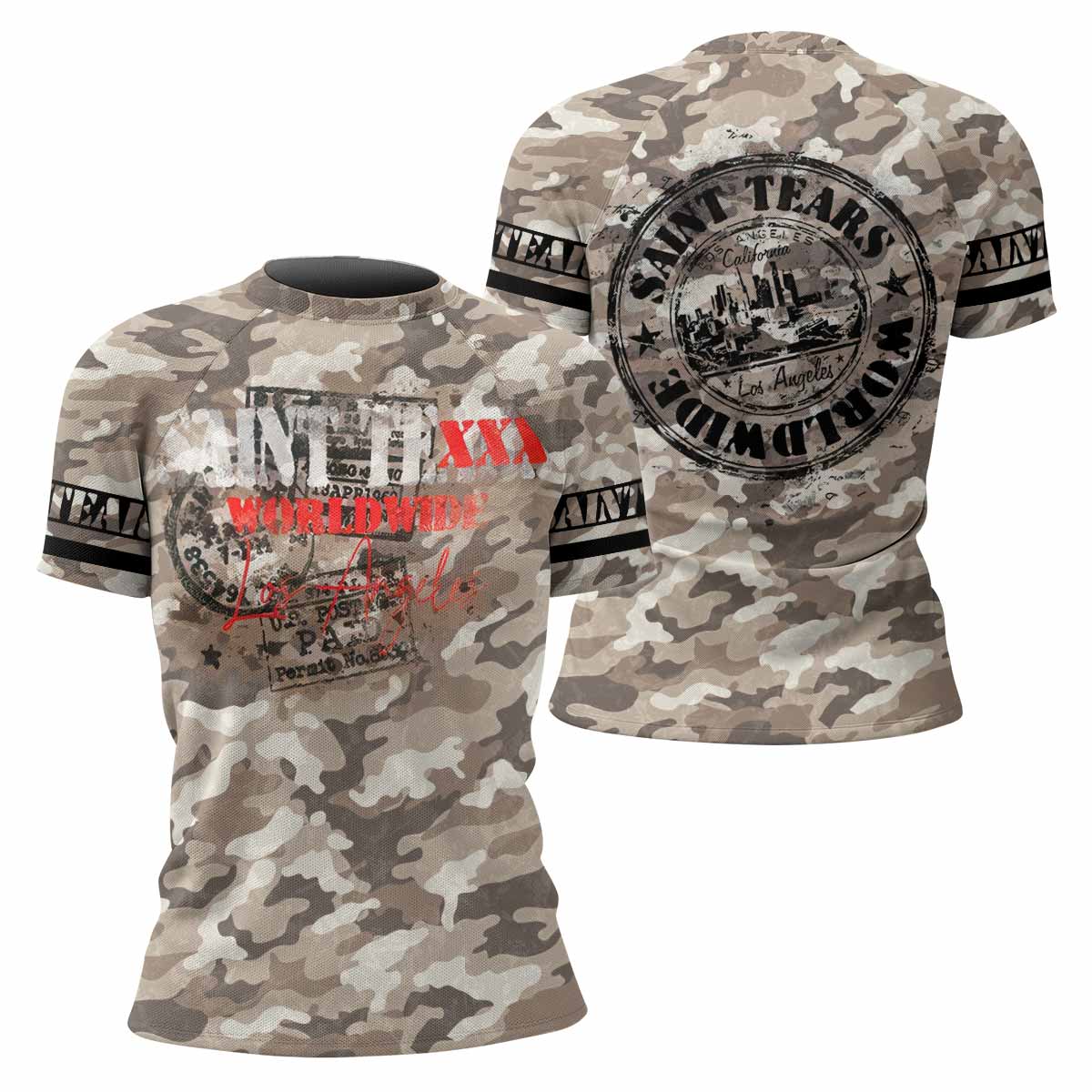 Saint Tears Camo Women’s Short Sleeve Rash Guard - front and back view