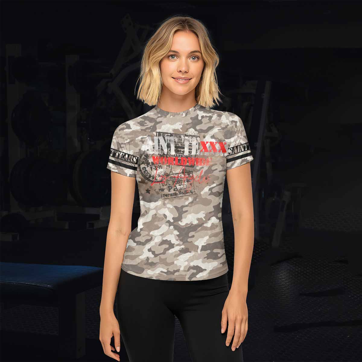 Saint Tears Camo Women’s Short Sleeve Rash Guard - lifestyle view