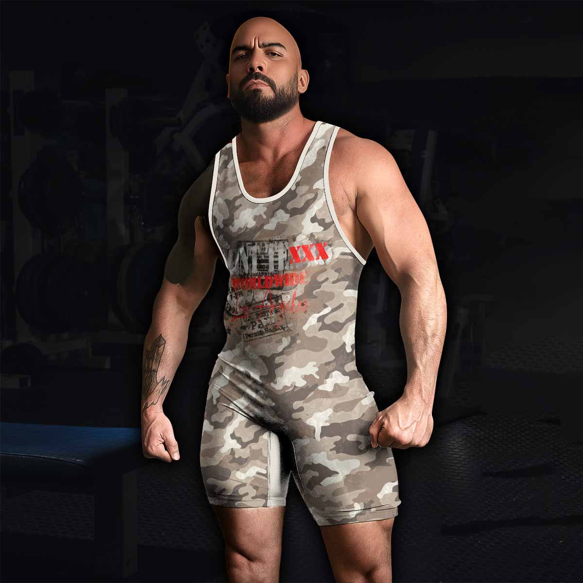 Saint Tears Camo Wrestling Singlet - men's lifestyle view